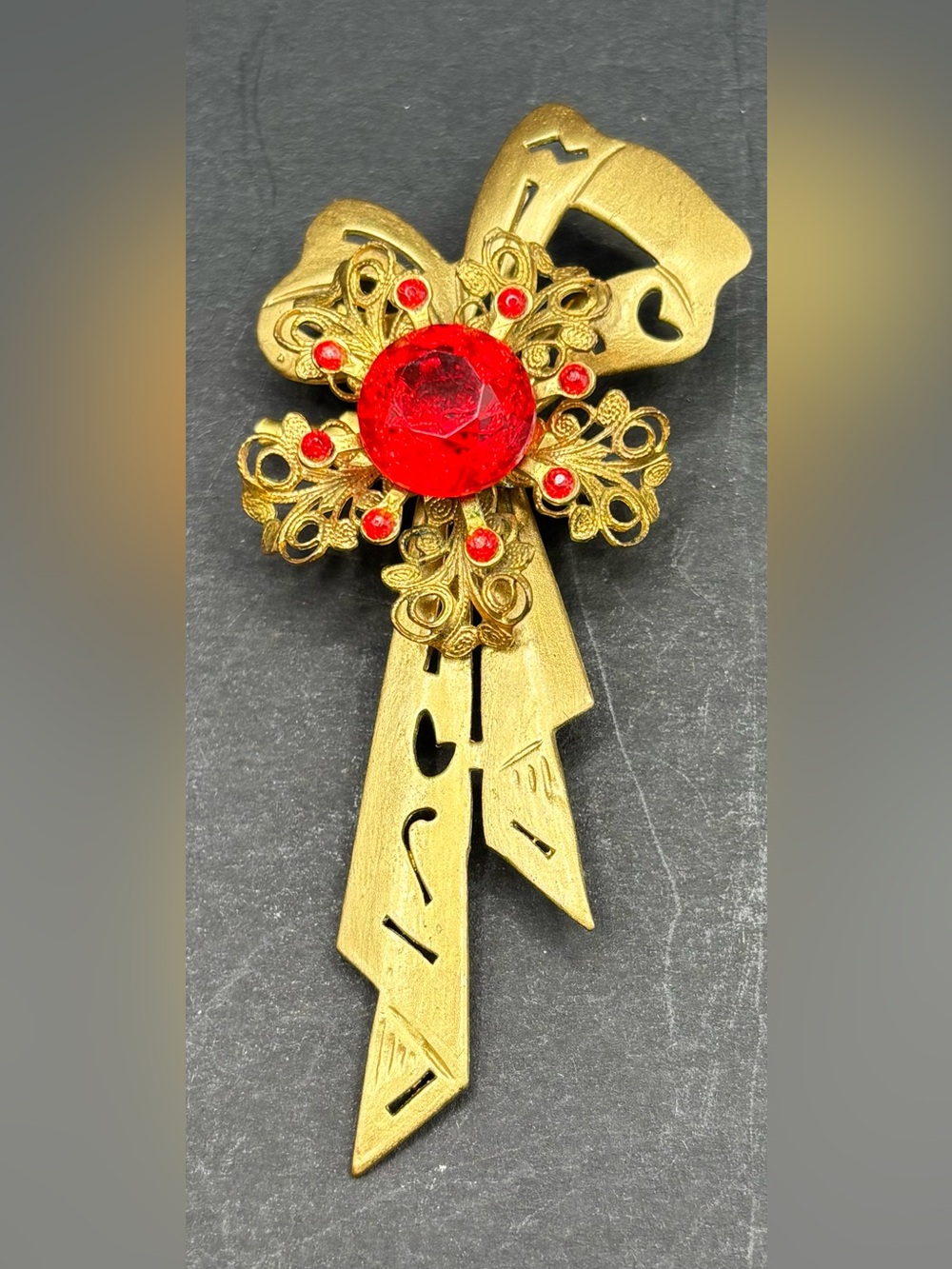 Vintage Cadmium Glass Brooch Red Glow Rhinestone Stamped Brass Ribbon Pin 1950s